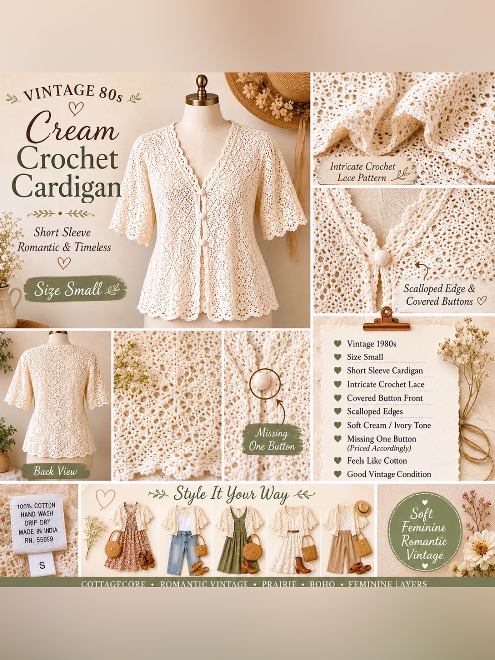 *Vintage Cream Lace crocheted- Women's Cardigan